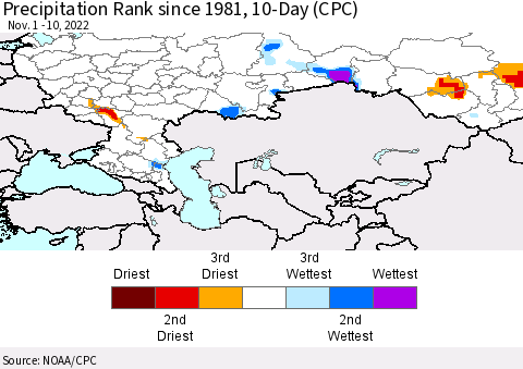 Russian Federation Precipitation Rank since 1981, 10-Day (CPC) Thematic Map For 11/1/2022 - 11/10/2022
