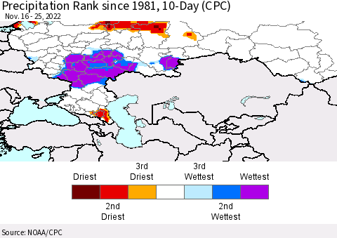 Russian Federation Precipitation Rank since 1981, 10-Day (CPC) Thematic Map For 11/16/2022 - 11/25/2022