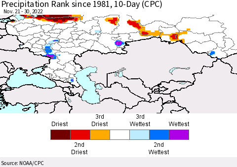 Russian Federation Precipitation Rank since 1981, 10-Day (CPC) Thematic Map For 11/21/2022 - 11/30/2022