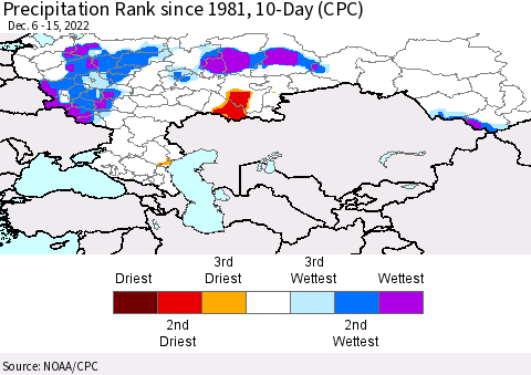 Russian Federation Precipitation Rank since 1981, 10-Day (CPC) Thematic Map For 12/6/2022 - 12/15/2022