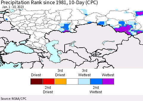 Russian Federation Precipitation Rank since 1981, 10-Day (CPC) Thematic Map For 1/1/2023 - 1/10/2023