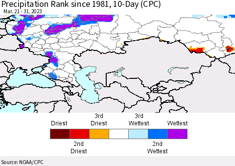 Russian Federation Precipitation Rank since 1981, 10-Day (CPC) Thematic Map For 3/21/2023 - 3/31/2023