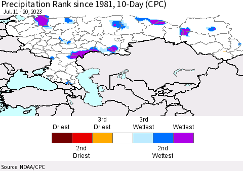 Russian Federation Precipitation Rank since 1981, 10-Day (CPC) Thematic Map For 7/11/2023 - 7/20/2023