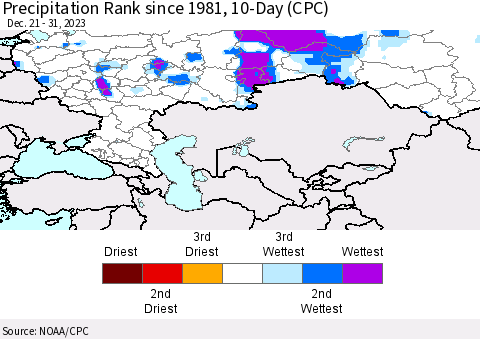 Russian Federation Precipitation Rank since 1981, 10-Day (CPC) Thematic Map For 12/21/2023 - 12/31/2023