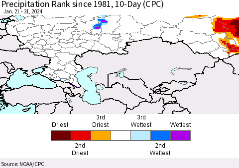 Russian Federation Precipitation Rank since 1981, 10-Day (CPC) Thematic Map For 1/21/2024 - 1/31/2024