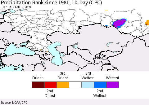 Russian Federation Precipitation Rank since 1981, 10-Day (CPC) Thematic Map For 1/26/2024 - 2/5/2024