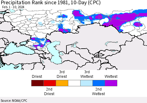Russian Federation Precipitation Rank since 1981, 10-Day (CPC) Thematic Map For 2/1/2024 - 2/10/2024