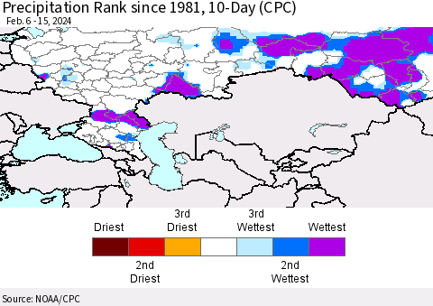 Russian Federation Precipitation Rank since 1981, 10-Day (CPC) Thematic Map For 2/6/2024 - 2/15/2024