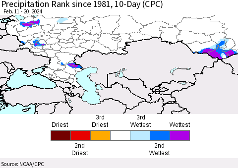 Russian Federation Precipitation Rank since 1981, 10-Day (CPC) Thematic Map For 2/11/2024 - 2/20/2024