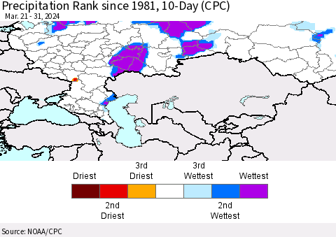 Russian Federation Precipitation Rank since 1981, 10-Day (CPC) Thematic Map For 3/21/2024 - 3/31/2024