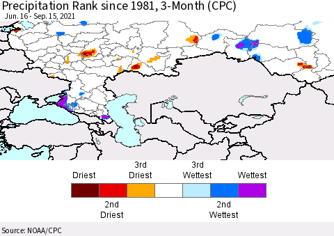 Russian Federation Precipitation Rank since 1981, 3-Month (CPC) Thematic Map For 6/16/2021 - 9/15/2021