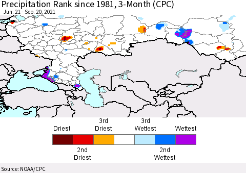 Russian Federation Precipitation Rank since 1981, 3-Month (CPC) Thematic Map For 6/21/2021 - 9/20/2021
