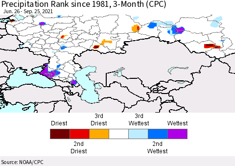 Russian Federation Precipitation Rank since 1981, 3-Month (CPC) Thematic Map For 6/26/2021 - 9/25/2021
