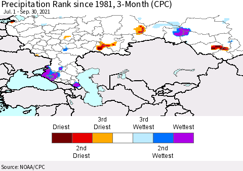 Russian Federation Precipitation Rank since 1981, 3-Month (CPC) Thematic Map For 7/1/2021 - 9/30/2021