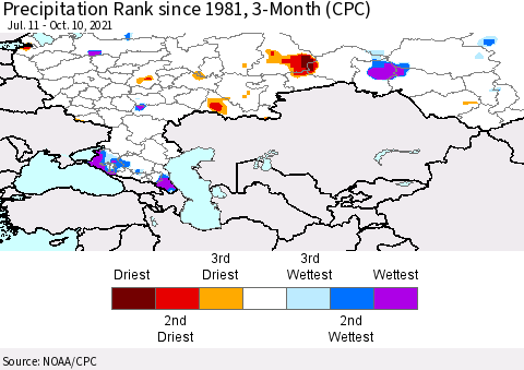 Russian Federation Precipitation Rank since 1981, 3-Month (CPC) Thematic Map For 7/11/2021 - 10/10/2021