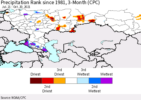Russian Federation Precipitation Rank since 1981, 3-Month (CPC) Thematic Map For 7/21/2021 - 10/20/2021