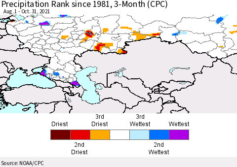 Russian Federation Precipitation Rank since 1981, 3-Month (CPC) Thematic Map For 8/1/2021 - 10/31/2021