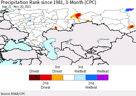 Russian Federation Precipitation Rank since 1981, 3-Month (CPC) Thematic Map For 8/21/2021 - 11/20/2021