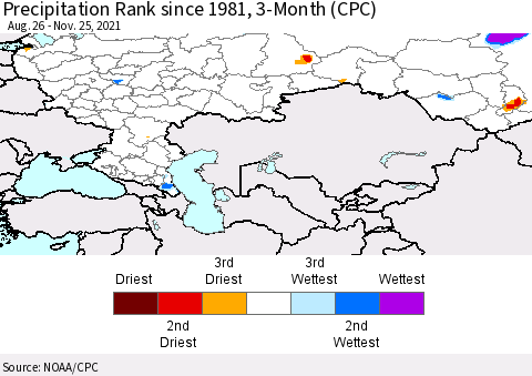 Russian Federation Precipitation Rank since 1981, 3-Month (CPC) Thematic Map For 8/26/2021 - 11/25/2021