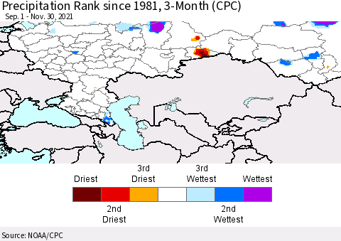 Russian Federation Precipitation Rank since 1981, 3-Month (CPC) Thematic Map For 9/1/2021 - 11/30/2021