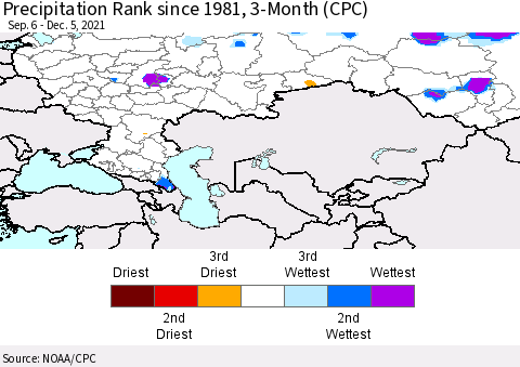Russian Federation Precipitation Rank since 1981, 3-Month (CPC) Thematic Map For 9/6/2021 - 12/5/2021