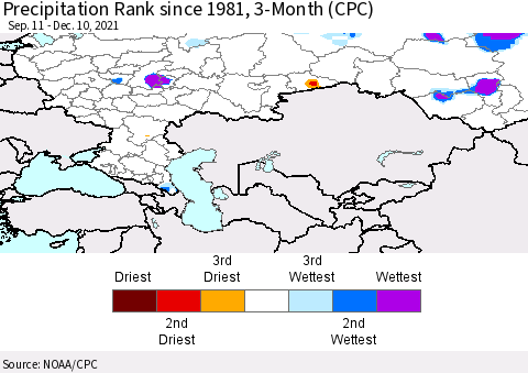 Russian Federation Precipitation Rank since 1981, 3-Month (CPC) Thematic Map For 9/11/2021 - 12/10/2021