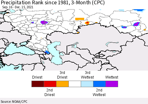 Russian Federation Precipitation Rank since 1981, 3-Month (CPC) Thematic Map For 9/16/2021 - 12/15/2021