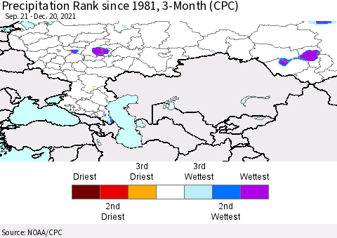 Russian Federation Precipitation Rank since 1981, 3-Month (CPC) Thematic Map For 9/21/2021 - 12/20/2021