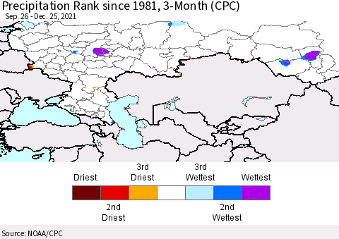 Russian Federation Precipitation Rank since 1981, 3-Month (CPC) Thematic Map For 9/26/2021 - 12/25/2021