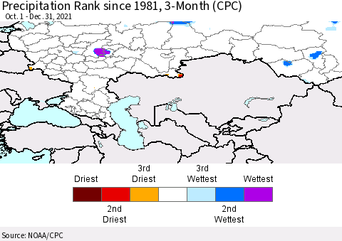 Russian Federation Precipitation Rank since 1981, 3-Month (CPC) Thematic Map For 10/1/2021 - 12/31/2021