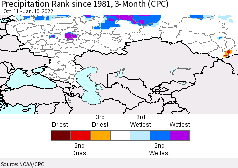 Russian Federation Precipitation Rank since 1981, 3-Month (CPC) Thematic Map For 10/11/2021 - 1/10/2022