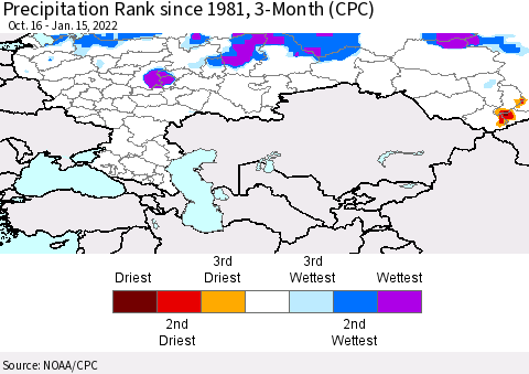 Russian Federation Precipitation Rank since 1981, 3-Month (CPC) Thematic Map For 10/16/2021 - 1/15/2022