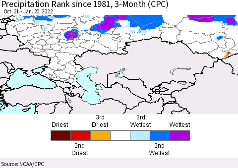 Russian Federation Precipitation Rank since 1981, 3-Month (CPC) Thematic Map For 10/21/2021 - 1/20/2022