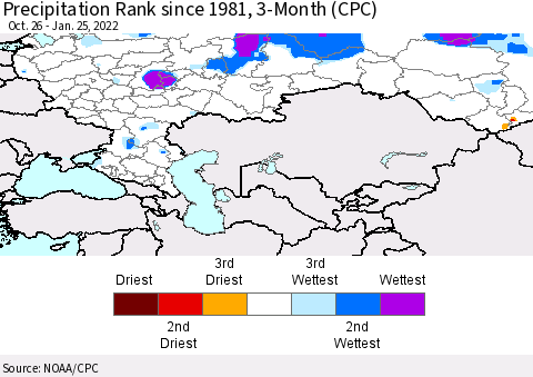 Russian Federation Precipitation Rank since 1981, 3-Month (CPC) Thematic Map For 10/26/2021 - 1/25/2022