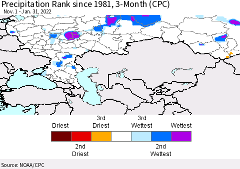 Russian Federation Precipitation Rank since 1981, 3-Month (CPC) Thematic Map For 11/1/2021 - 1/31/2022