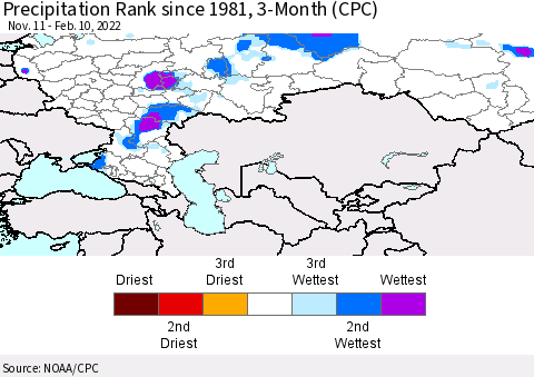 Russian Federation Precipitation Rank since 1981, 3-Month (CPC) Thematic Map For 11/11/2021 - 2/10/2022