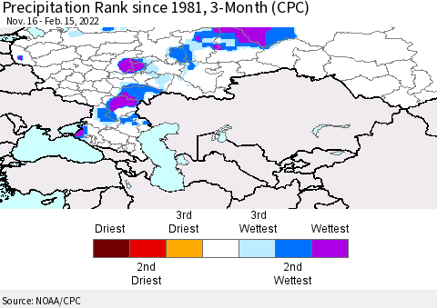 Russian Federation Precipitation Rank since 1981, 3-Month (CPC) Thematic Map For 11/16/2021 - 2/15/2022