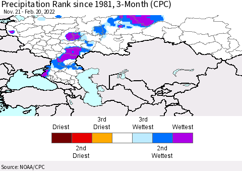 Russian Federation Precipitation Rank since 1981, 3-Month (CPC) Thematic Map For 11/21/2021 - 2/20/2022