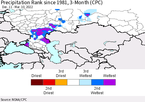 Russian Federation Precipitation Rank since 1981, 3-Month (CPC) Thematic Map For 12/11/2021 - 3/10/2022