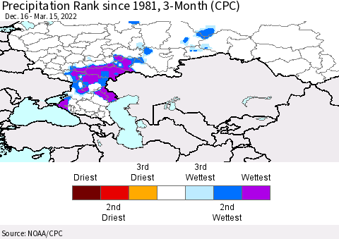 Russian Federation Precipitation Rank since 1981, 3-Month (CPC) Thematic Map For 12/16/2021 - 3/15/2022