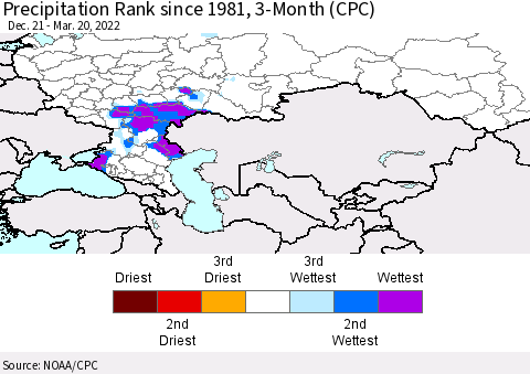 Russian Federation Precipitation Rank since 1981, 3-Month (CPC) Thematic Map For 12/21/2021 - 3/20/2022