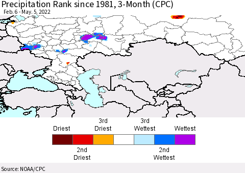 Russian Federation Precipitation Rank since 1981, 3-Month (CPC) Thematic Map For 2/6/2022 - 5/5/2022