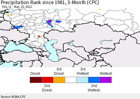 Russian Federation Precipitation Rank since 1981, 3-Month (CPC) Thematic Map For 2/11/2022 - 5/10/2022