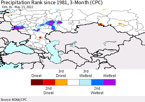 Russian Federation Precipitation Rank since 1981, 3-Month (CPC) Thematic Map For 2/16/2022 - 5/15/2022