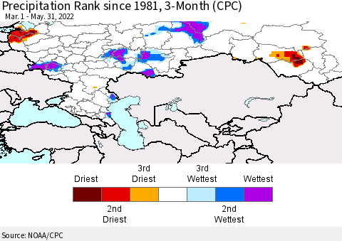 Russian Federation Precipitation Rank since 1981, 3-Month (CPC) Thematic Map For 3/1/2022 - 5/31/2022
