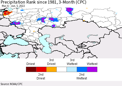 Russian Federation Precipitation Rank since 1981, 3-Month (CPC) Thematic Map For 3/6/2022 - 6/5/2022