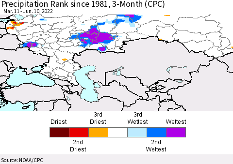Russian Federation Precipitation Rank since 1981, 3-Month (CPC) Thematic Map For 3/11/2022 - 6/10/2022