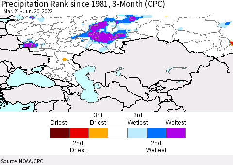 Russian Federation Precipitation Rank since 1981, 3-Month (CPC) Thematic Map For 3/21/2022 - 6/20/2022