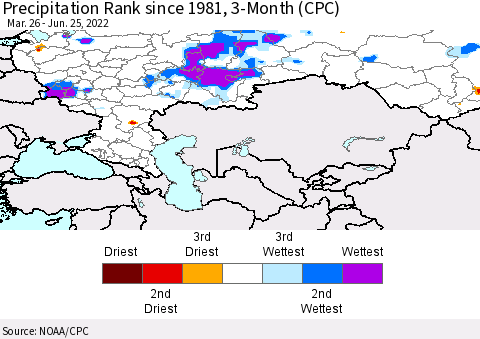 Russian Federation Precipitation Rank since 1981, 3-Month (CPC) Thematic Map For 3/26/2022 - 6/25/2022