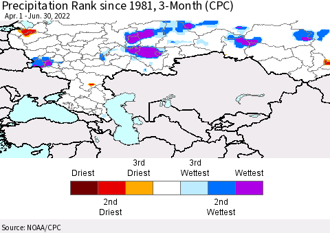 Russian Federation Precipitation Rank since 1981, 3-Month (CPC) Thematic Map For 4/1/2022 - 6/30/2022